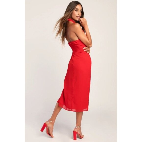 Lulus Red Halter Neck Midi Dress With Front Slit Size XS - Picture 3 of 5